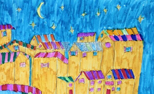 少儿美术色彩画《星空下的房子》